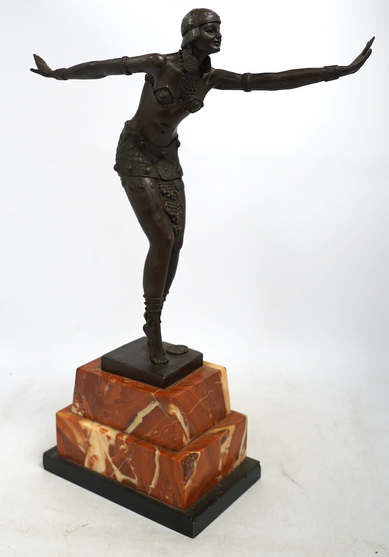After Demétre H. Chiparus (Romanian, 1886-1947), an Art Deco bronze figure of a dancer, on stepped marble base, 48cm. Condition - fair